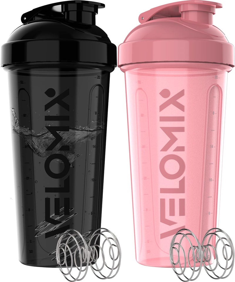 VELOMIX 2 Pack 28 oz Protein Shaker Bottles for Protein Mixes 2x Wire Whisk Leak Proof Shaker Cups for Protein Shakes Protein Shaker Bottle Pack Shakers for Protein ShakesPinkBlack